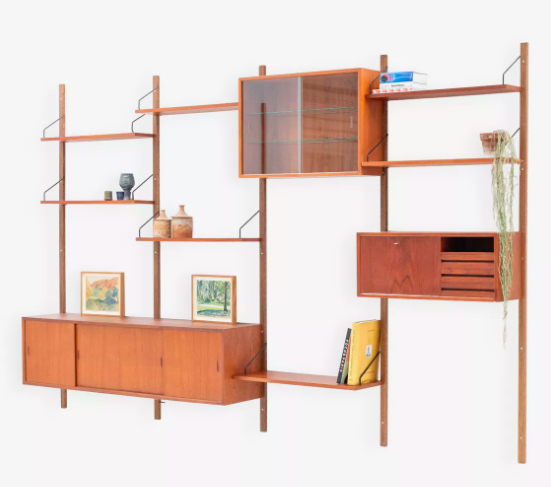 Bibliothèque murale modulable en teck style Cado années 60-70, décoration vintage éco-responsable Genève