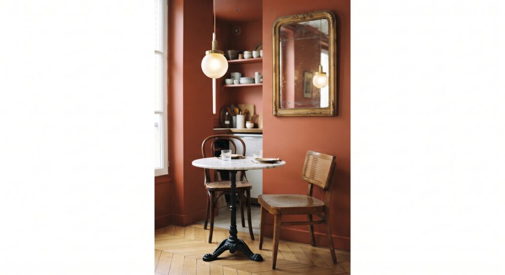 Coin repas vintage dans un petit appartement avec mur terracotta, guéridon en fonte et marbre, chaises dépareillées, suspension boule et miroir ancien.