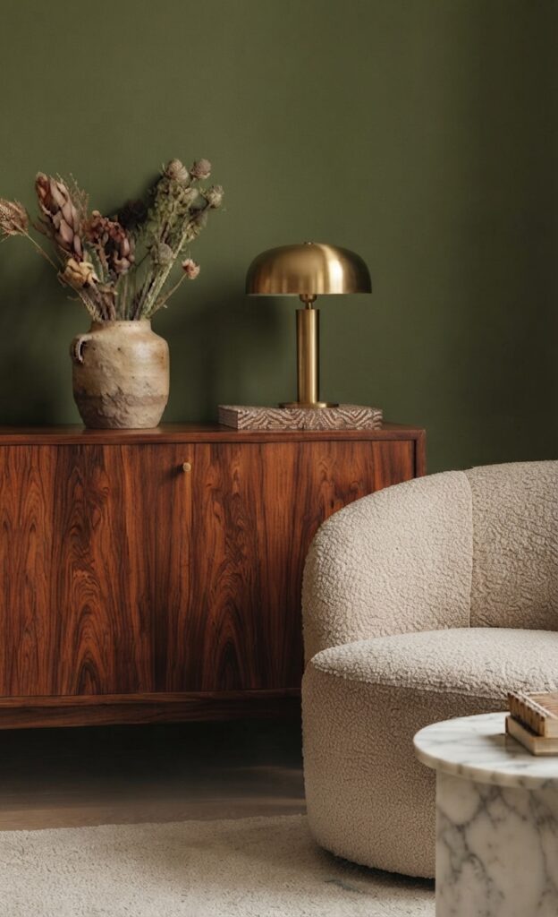 Salon mid-century avec buffet vintage et mobilier sur-mesure par Clarine Matondo de Ocla Design